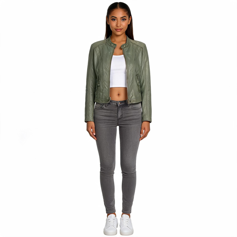 Ladies grey leather jacket.