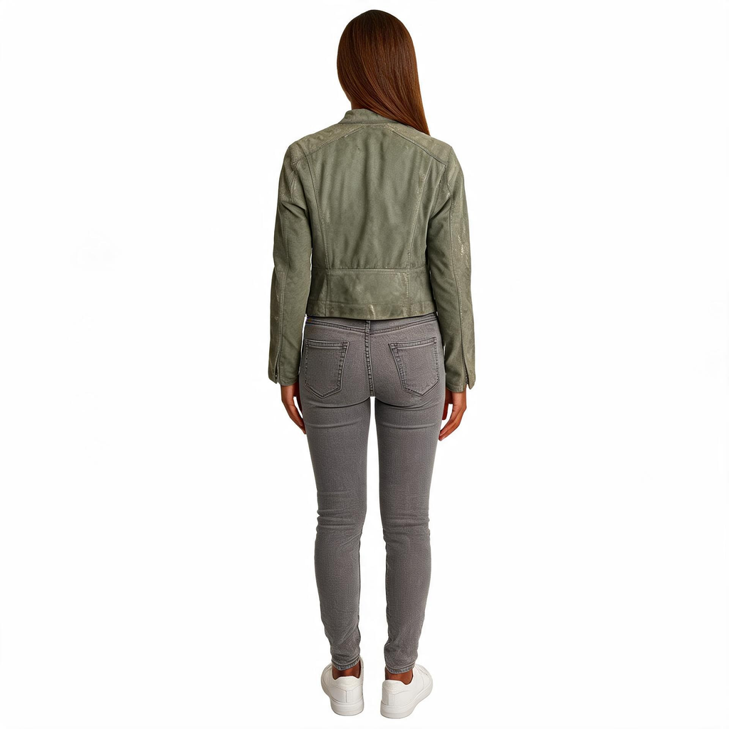 Ladies grey leather jacket.