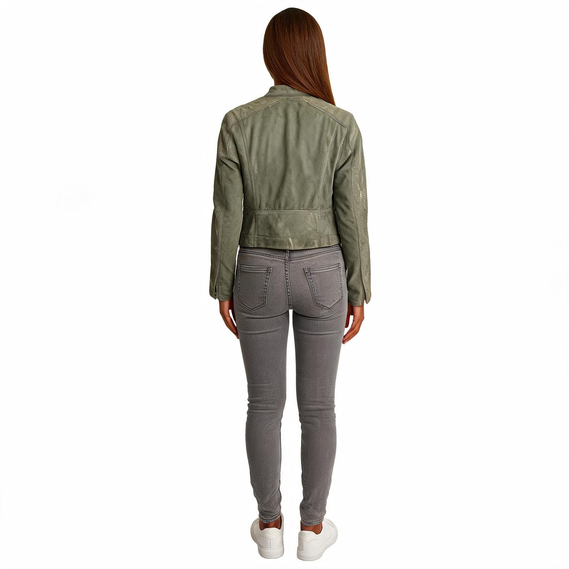 Ladies grey leather jacket.