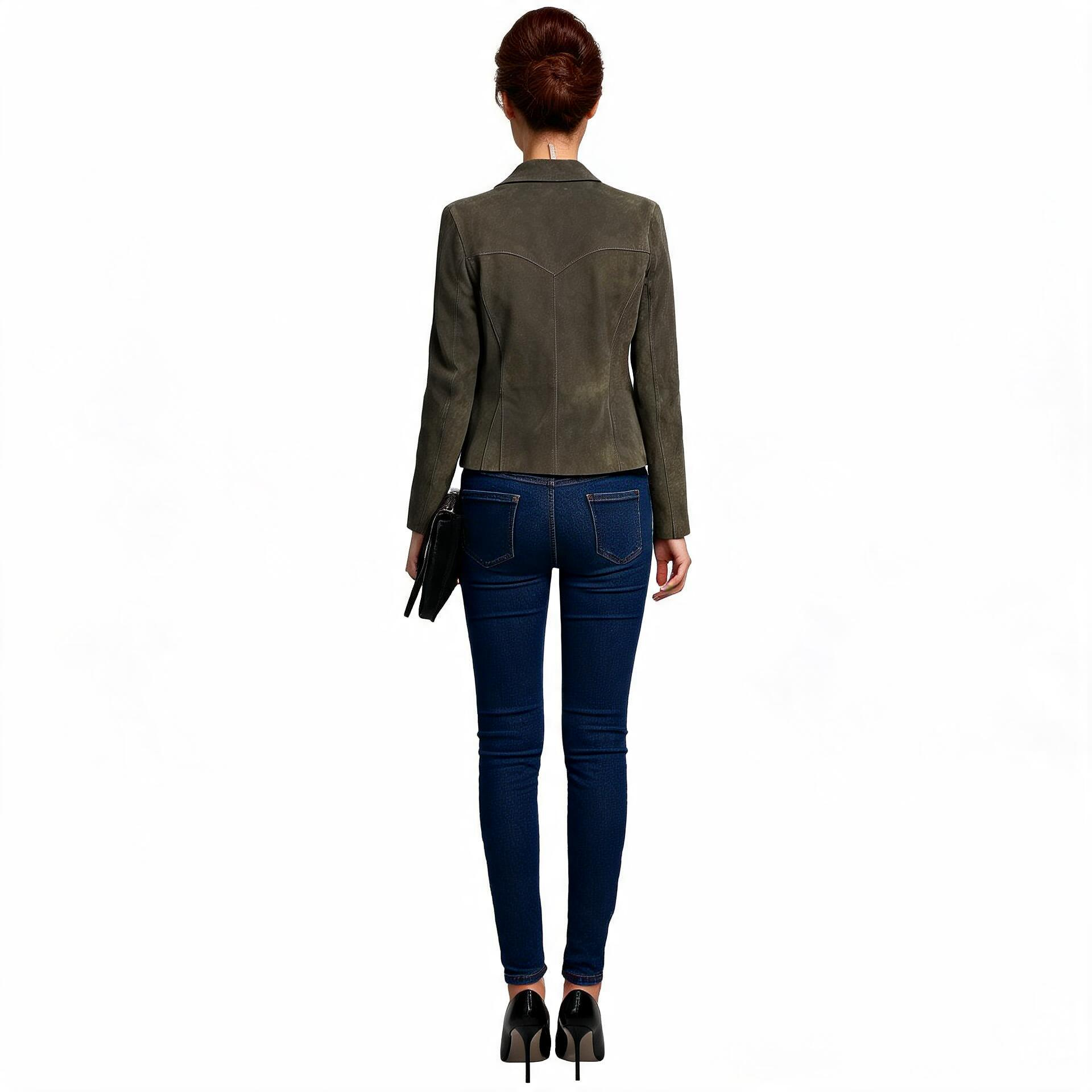 Ladies charcoal grey leather jacket.