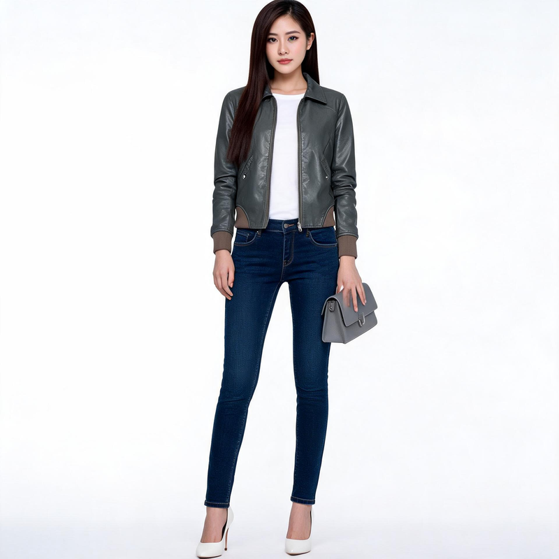 Ladies grey leather jacket.