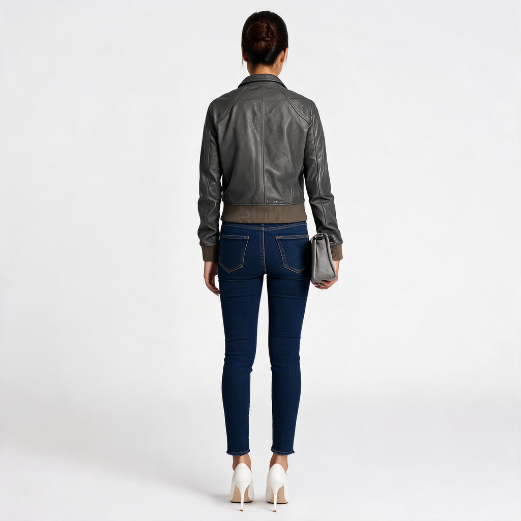 Ladies grey leather jacket.