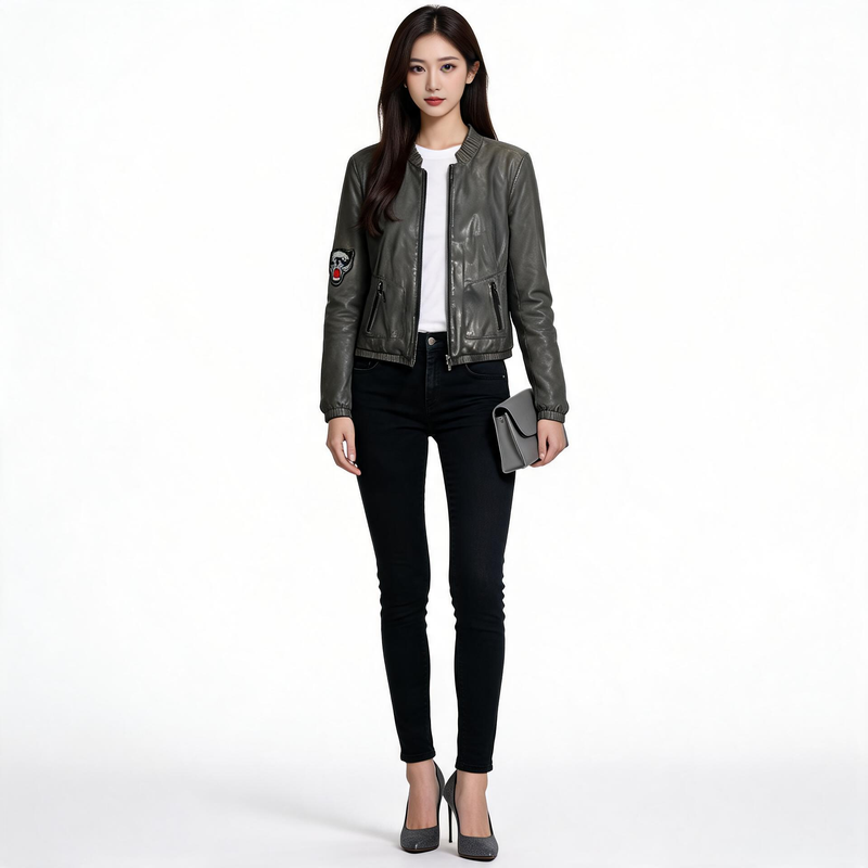 Ladies charcoal grey leather jacket.