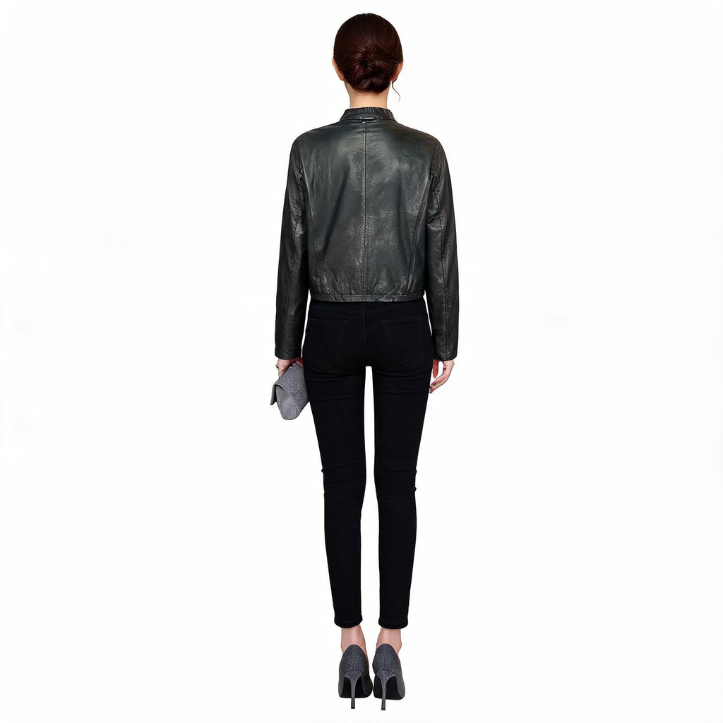 Ladies charcoal grey leather jacket.