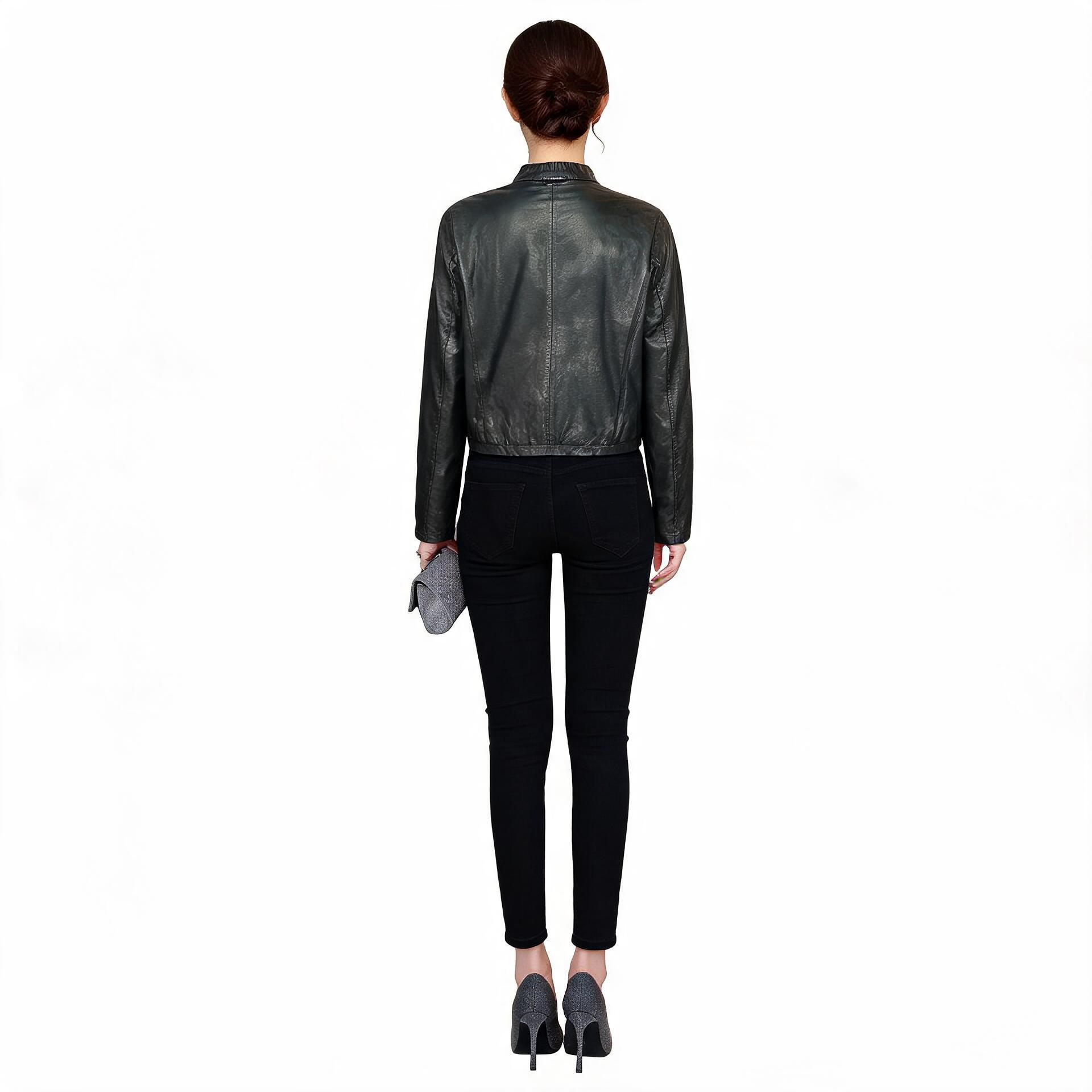 Ladies charcoal grey leather jacket.