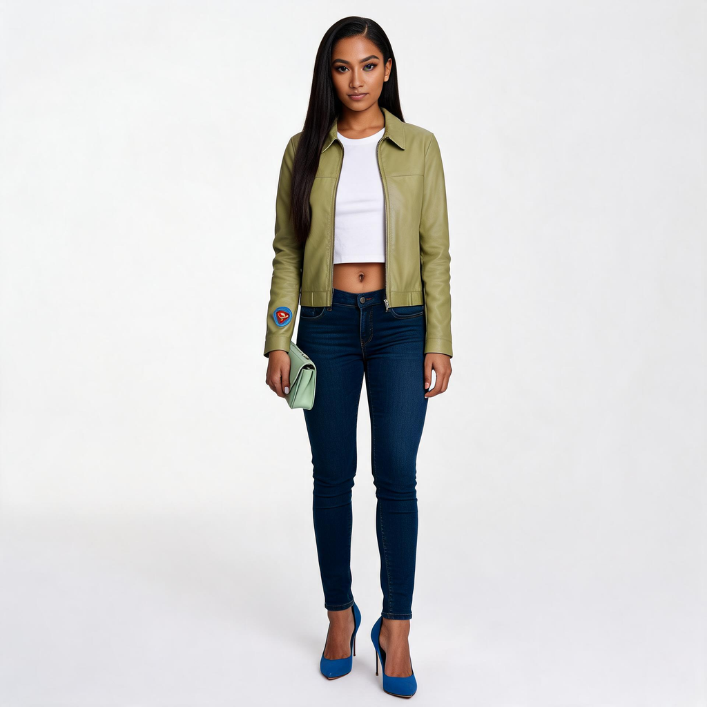 Ladies green leather jacket.