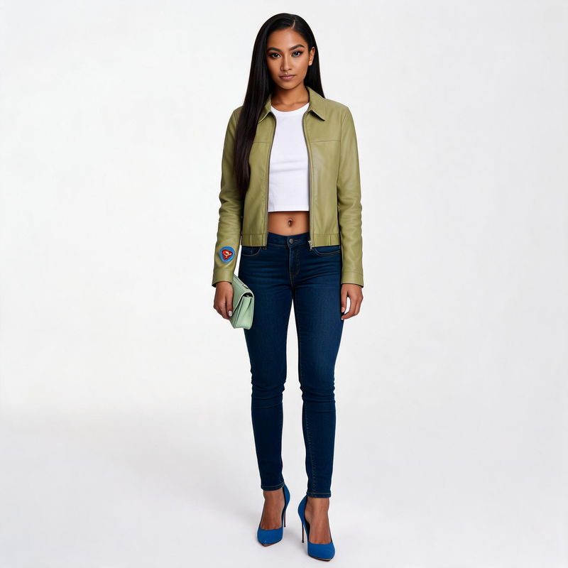 Ladies green leather jacket.
