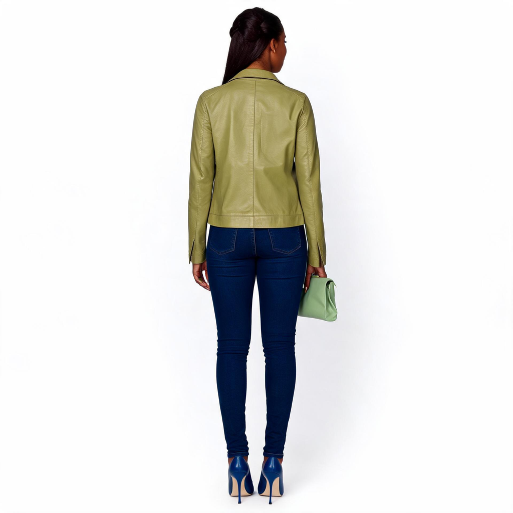 Ladies green leather jacket.