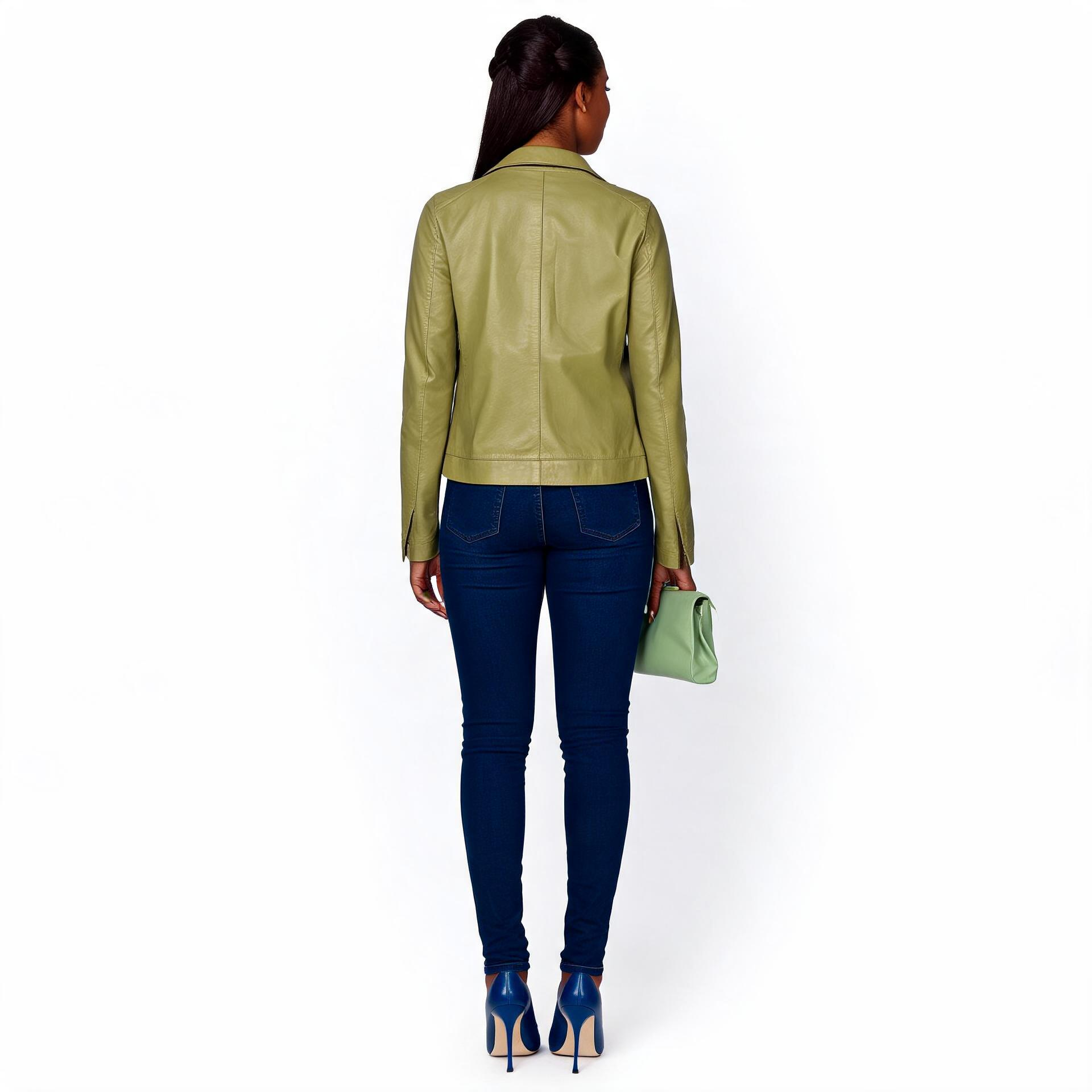 Ladies green leather jacket.