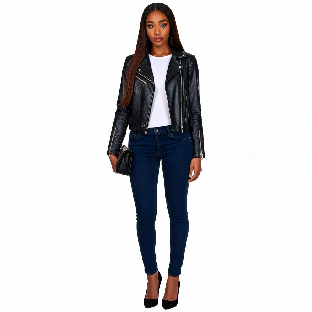 Ladies black leather jacket.