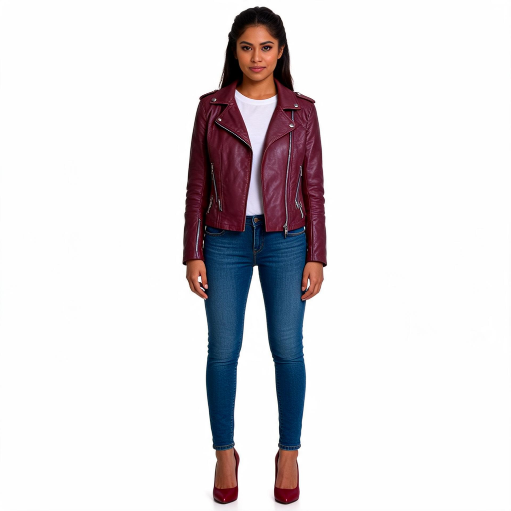 Burgundy leather jacket for ladies.