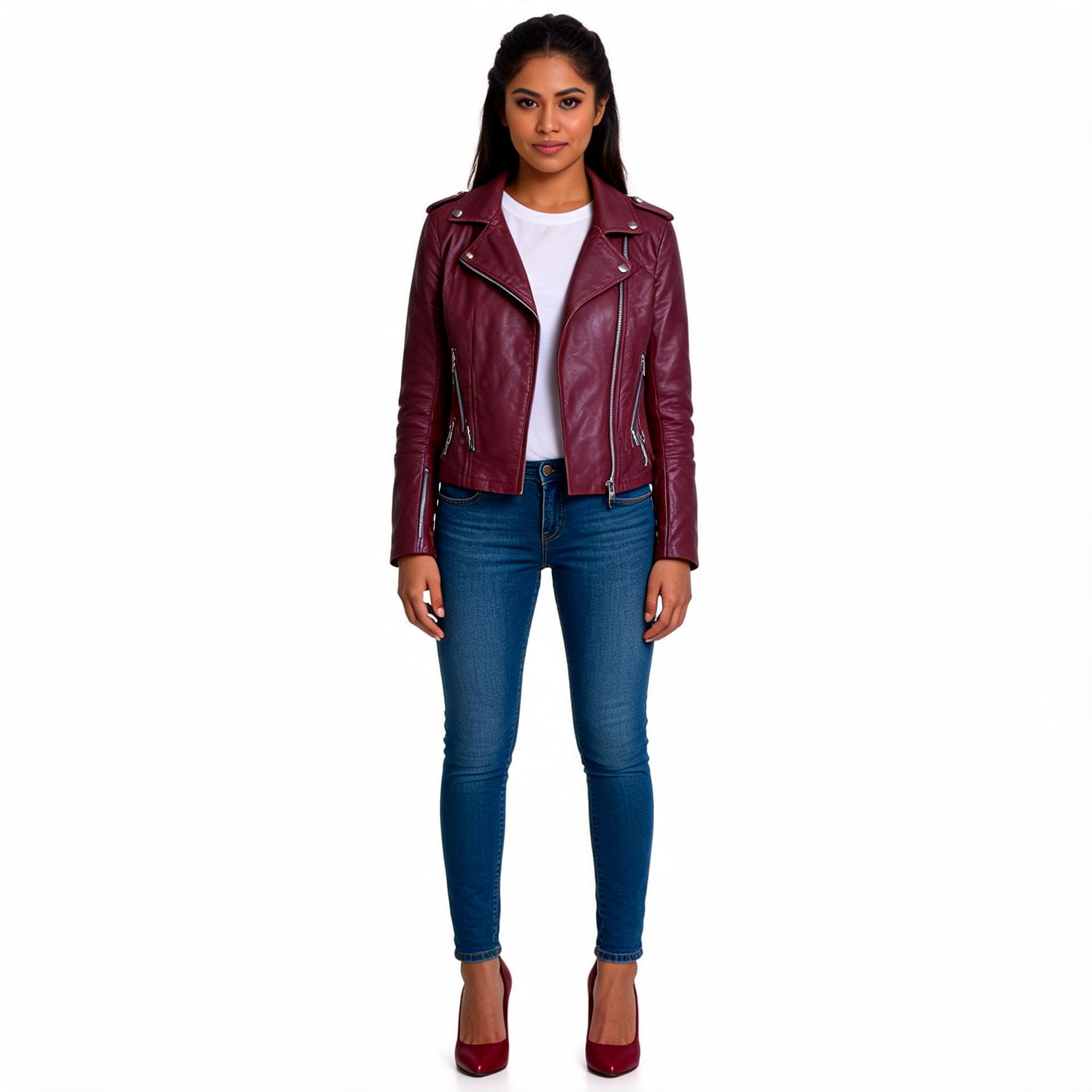 Burgundy leather jacket for ladies.