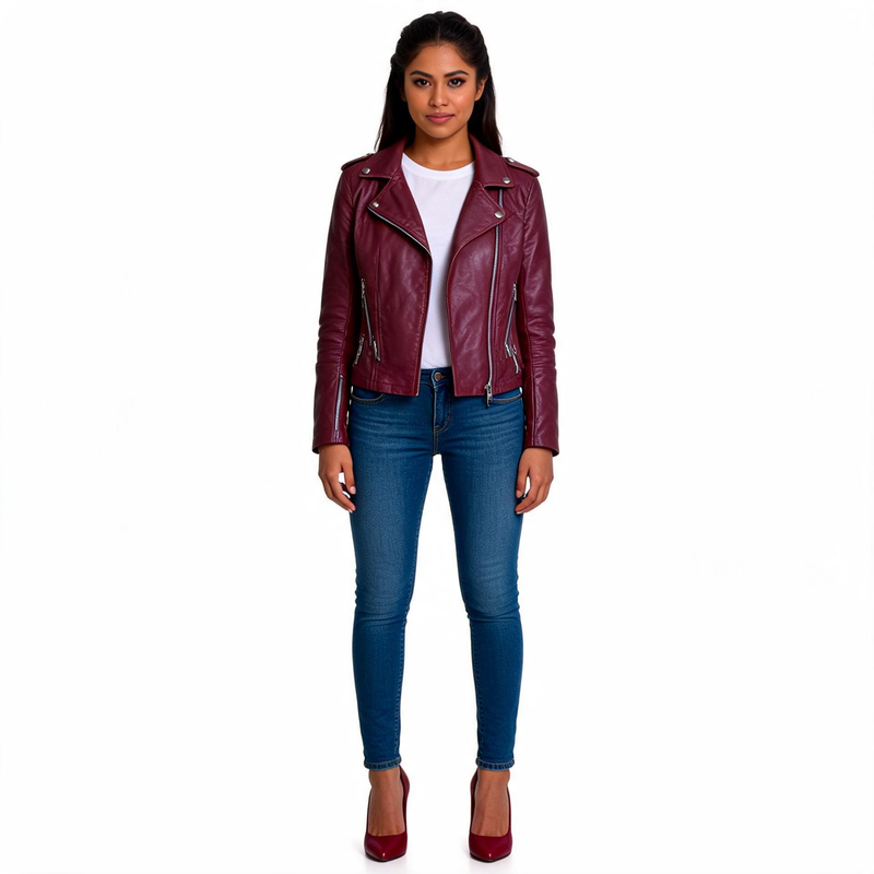 Burgundy leather jacket for ladies.
