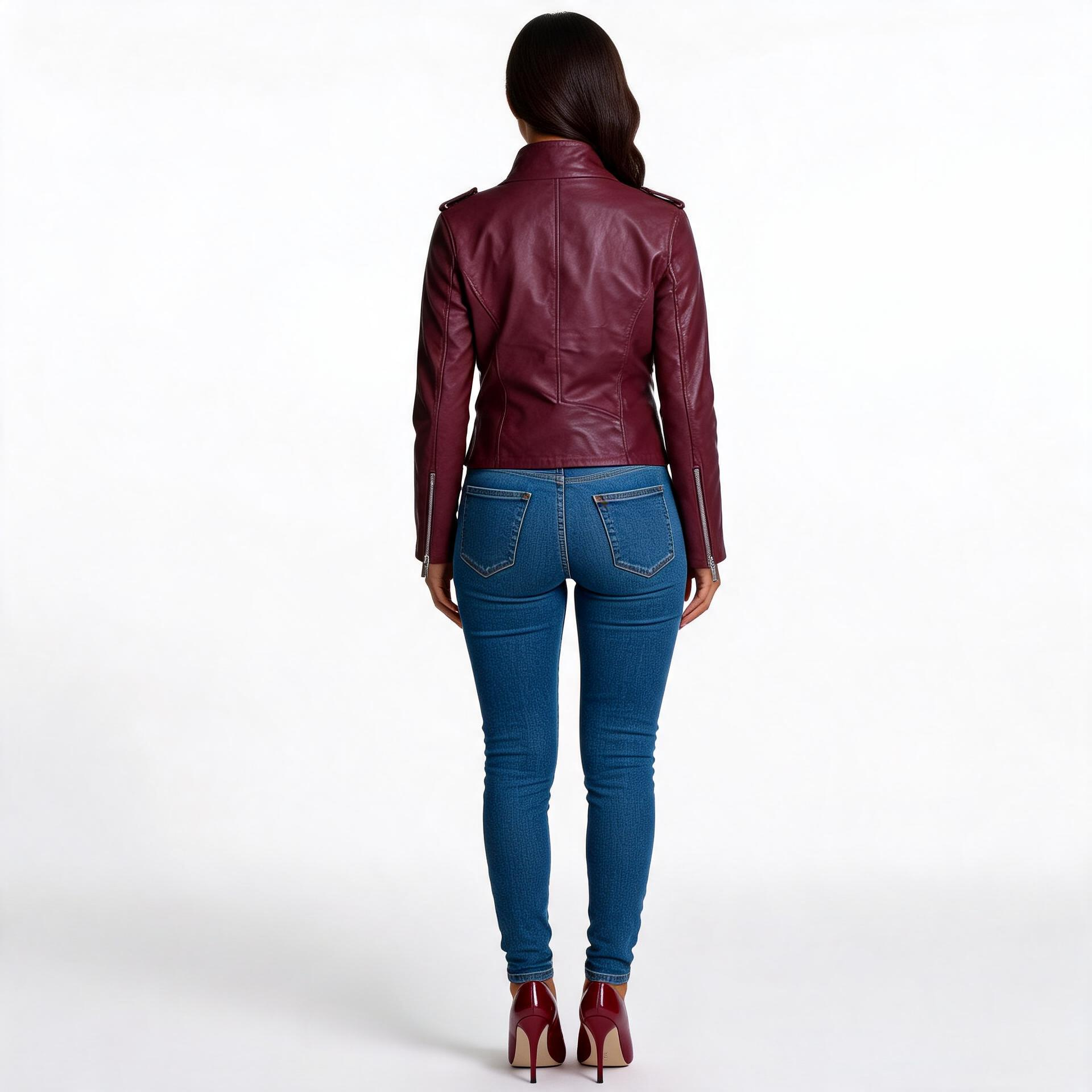 Burgundy leather jacket for ladies.