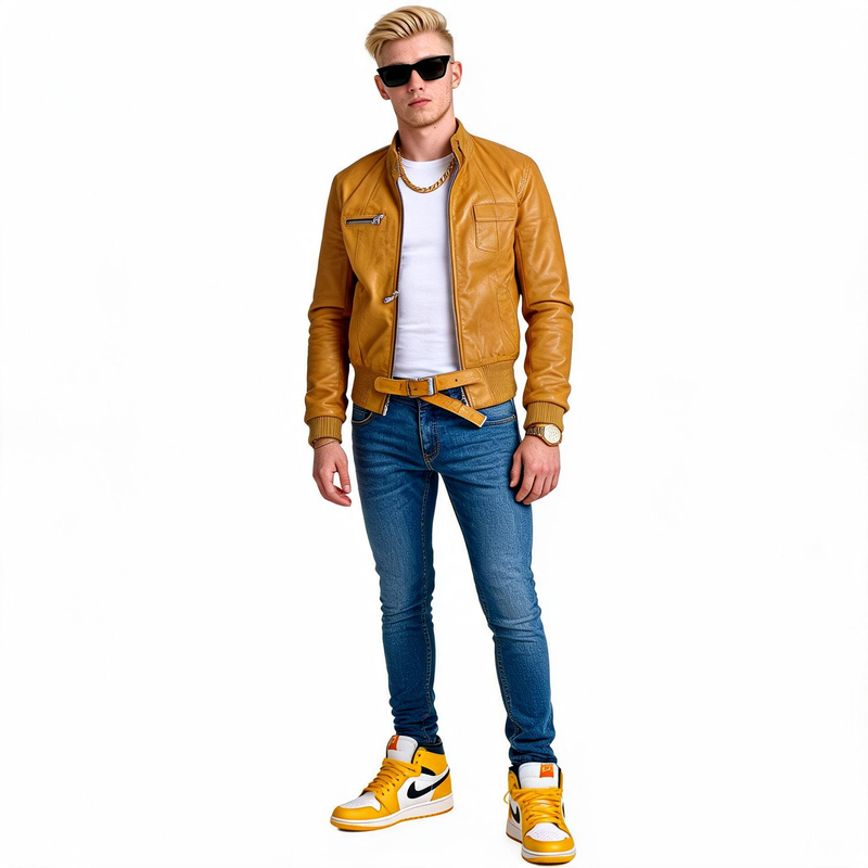Yellow unisex leather jacket.