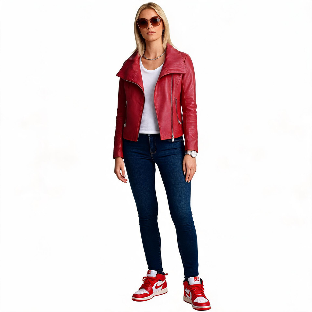 Ladies red leather jacket.