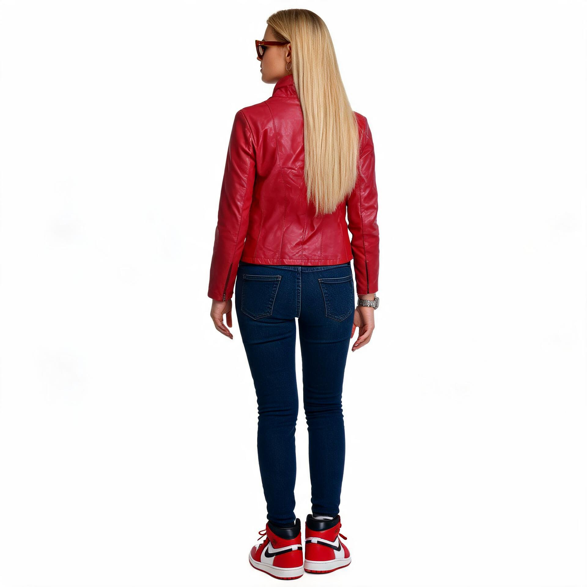 Ladies red leather jacket.