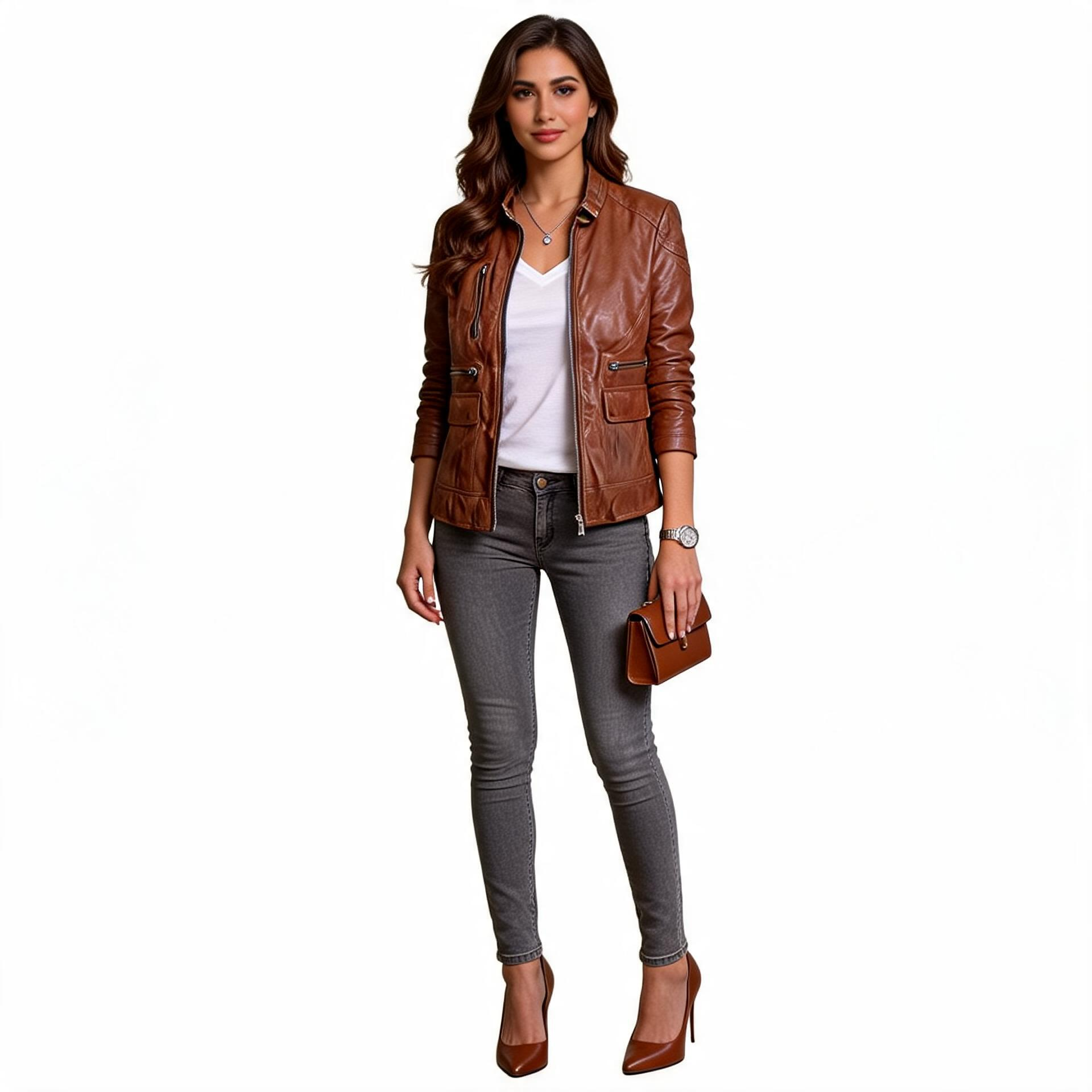 Brown leather jacket for ladies.