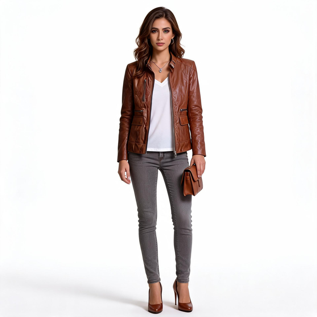 Brown leather jacket for ladies.
