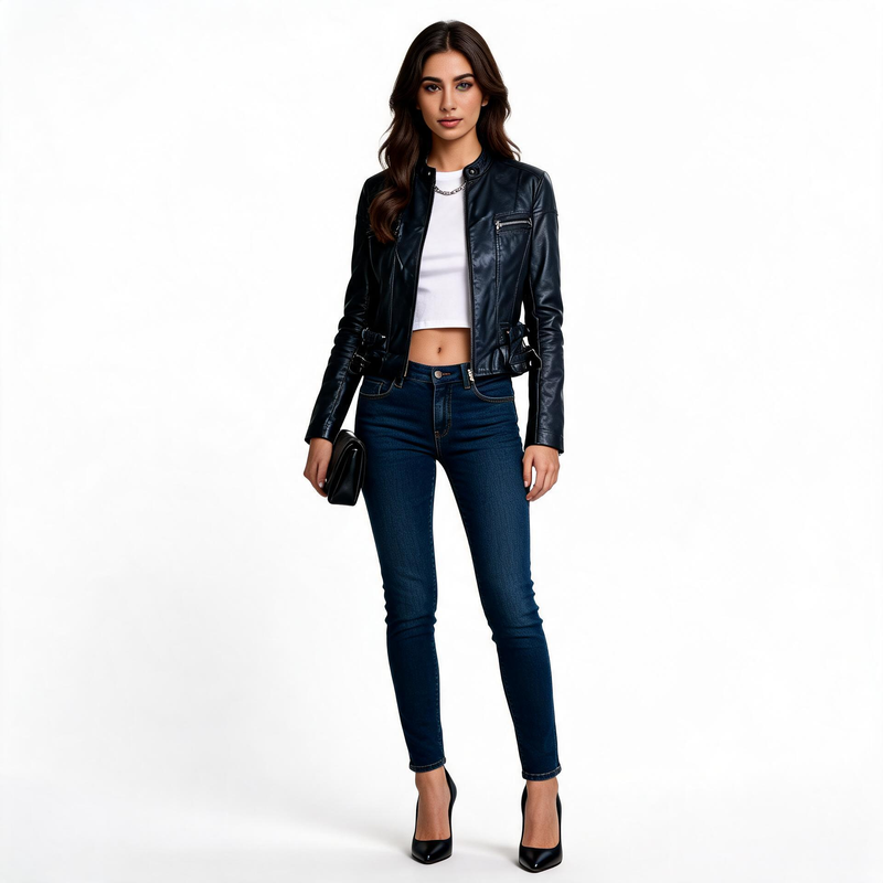 Ladies black leather jacket.
