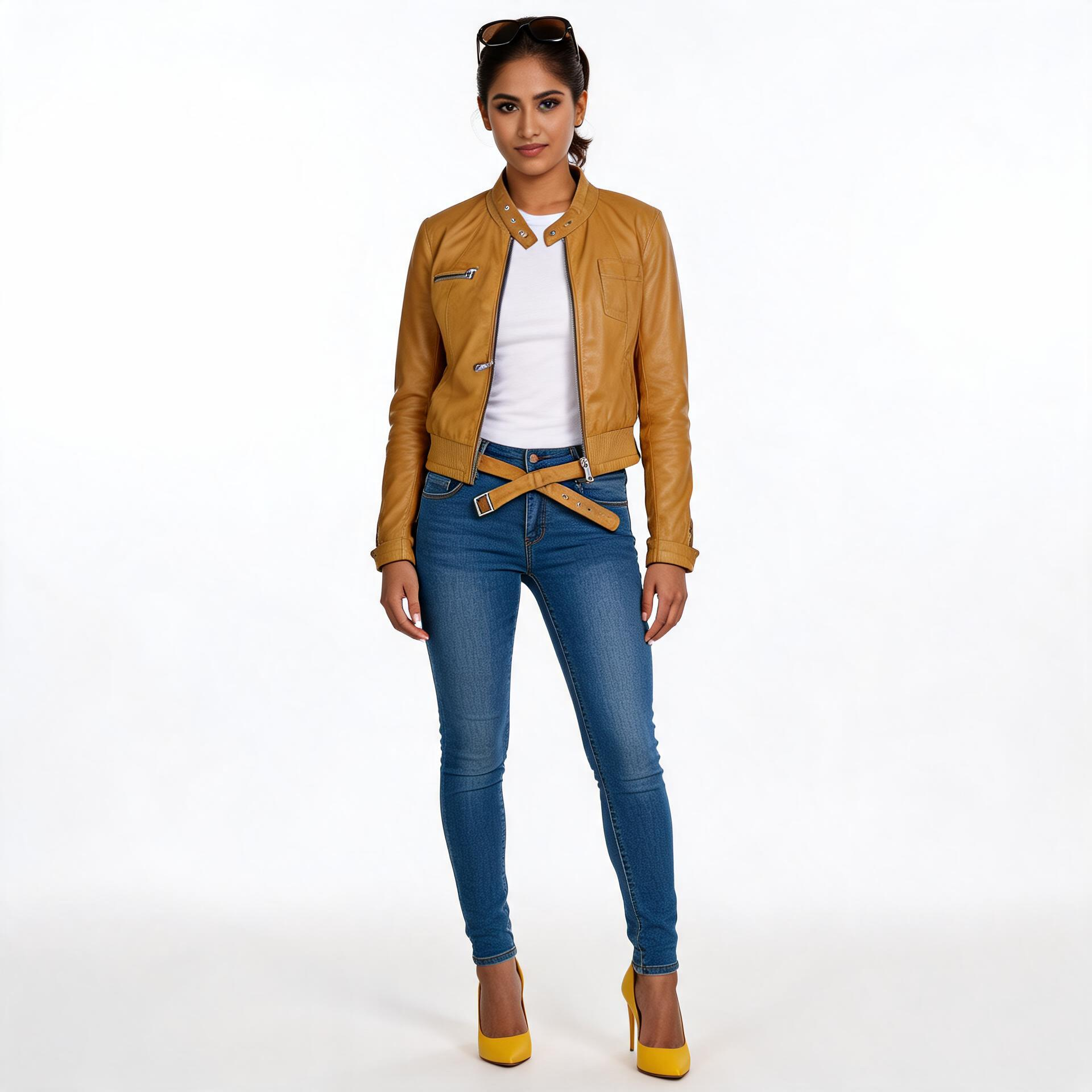 Yellow unisex leather jacket.