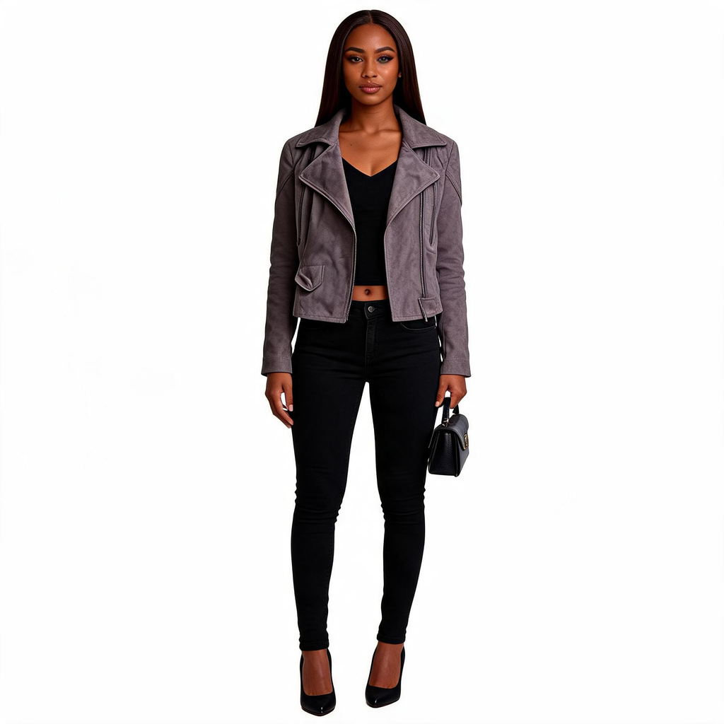 Ladies grey leather jacket.