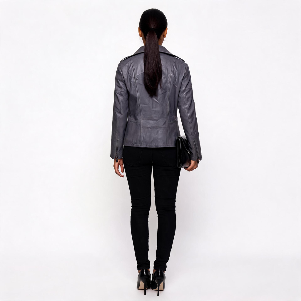 Ladies grey leather jacket.