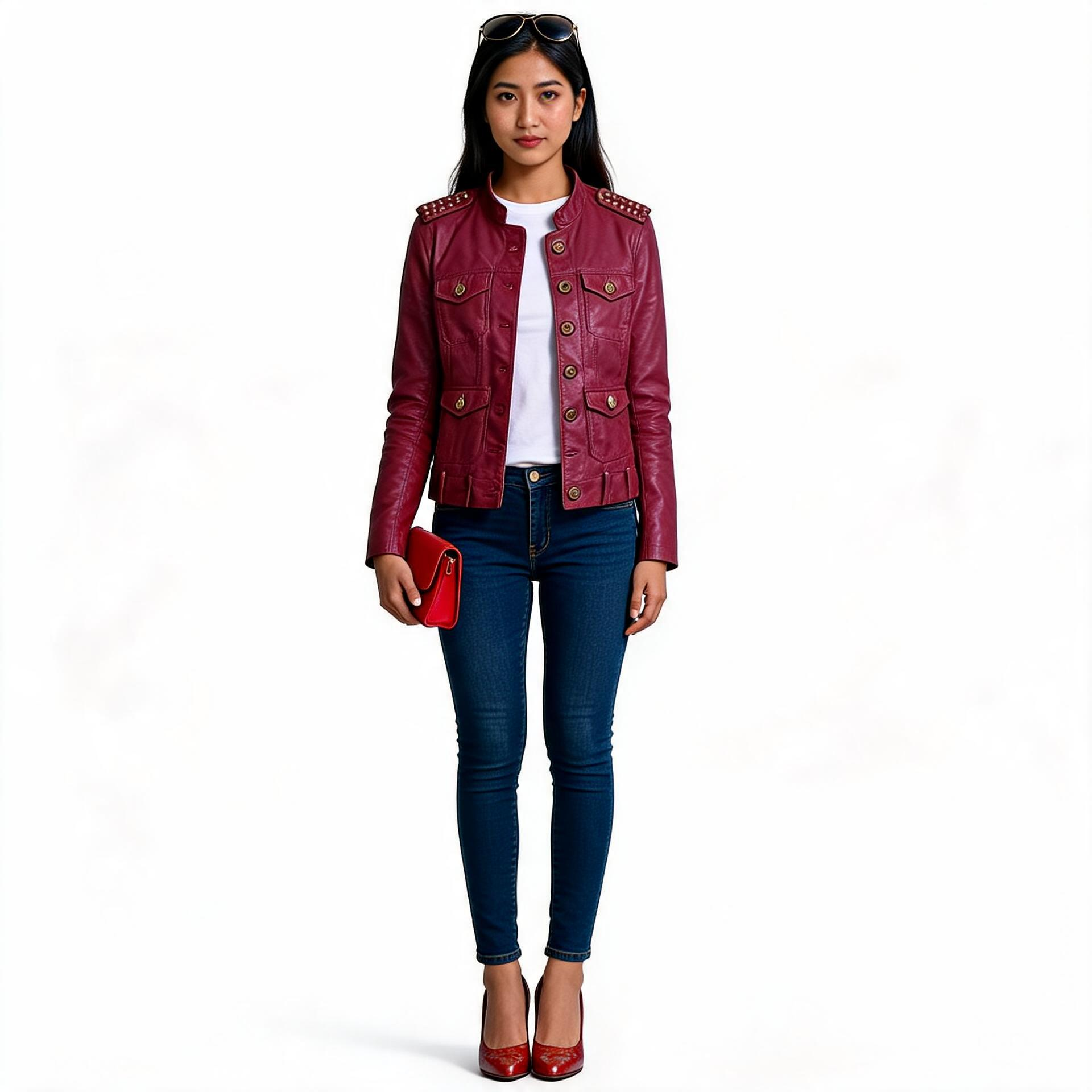 Ladies rusted red leather jacket.
