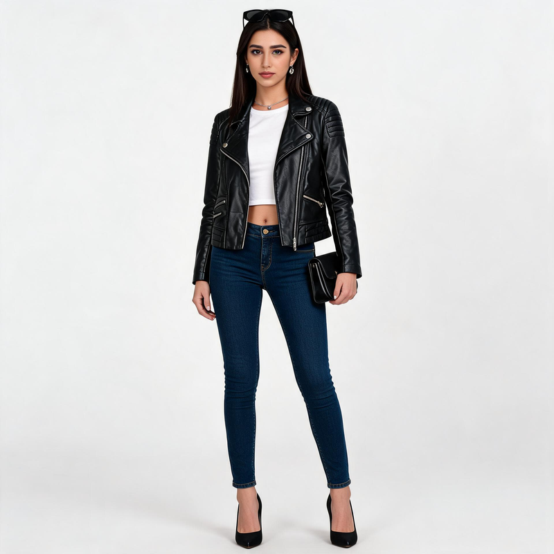 Ladies black leather jacket.