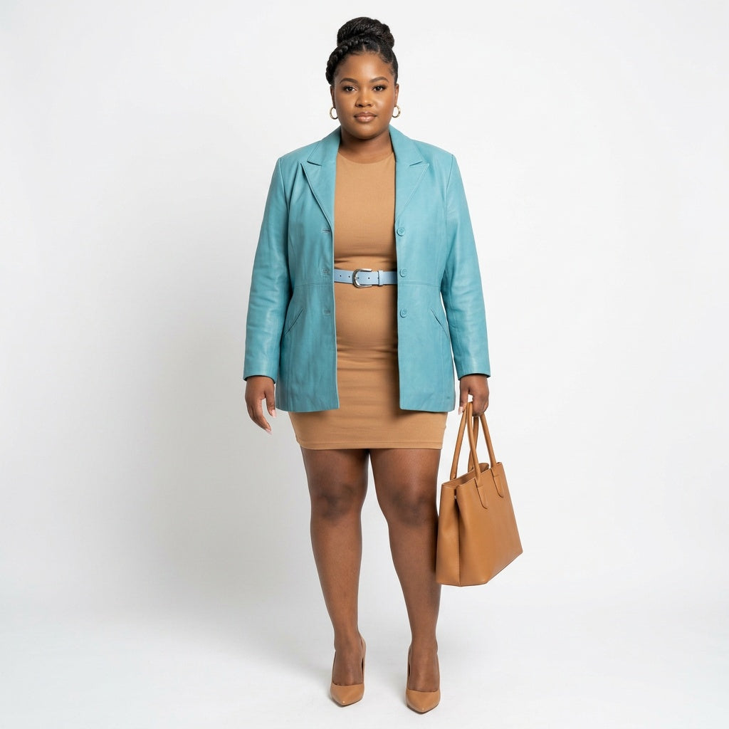 Ladies sky blue leather jacket.