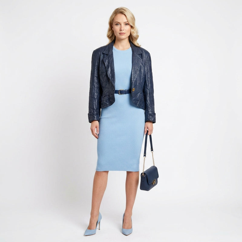 Ladies blue leather jacket.