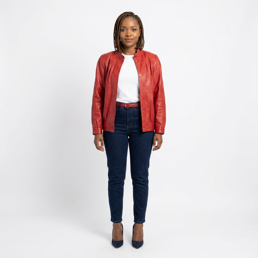 Ladies red leather jacket.
