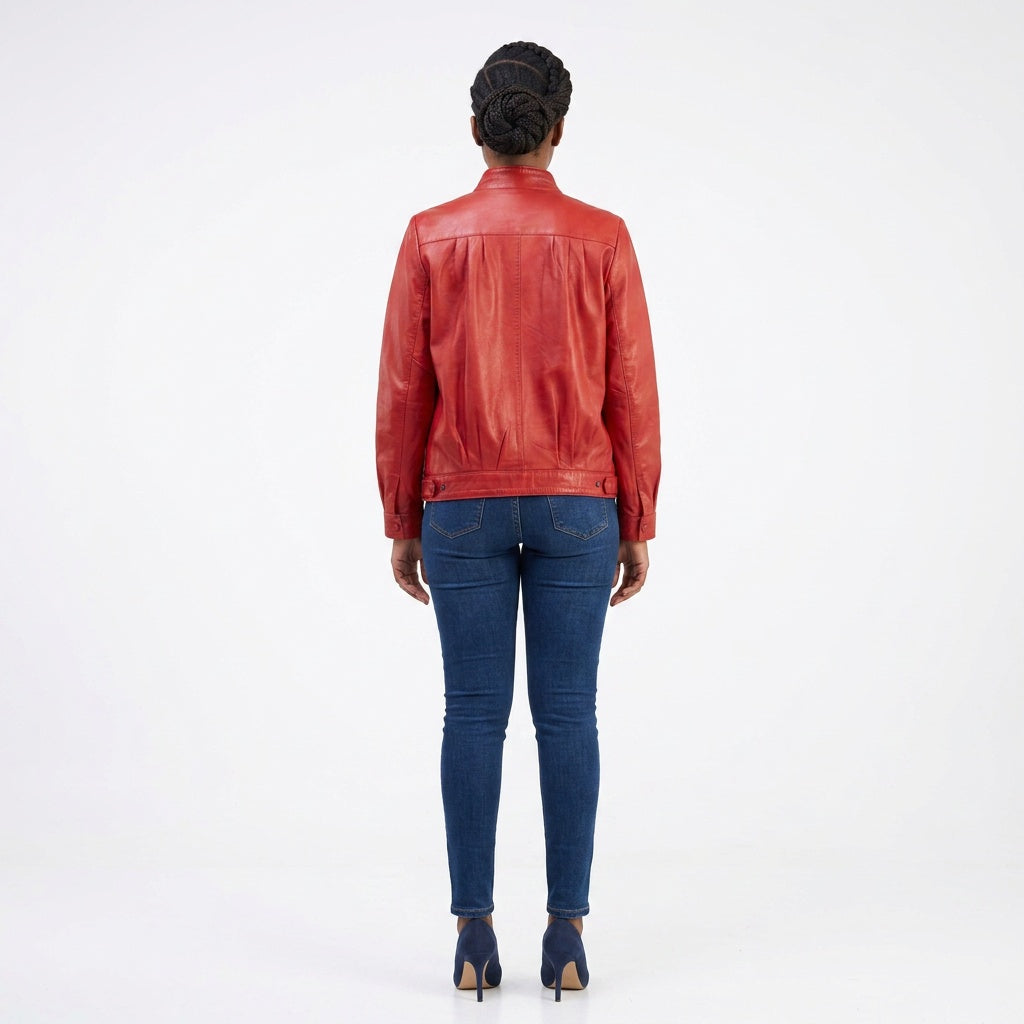 Ladies red leather jacket.