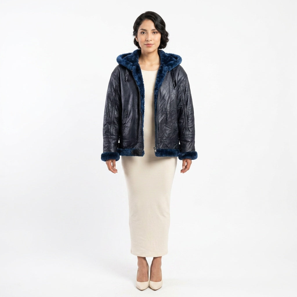 Ladies navy blue leather jacket.