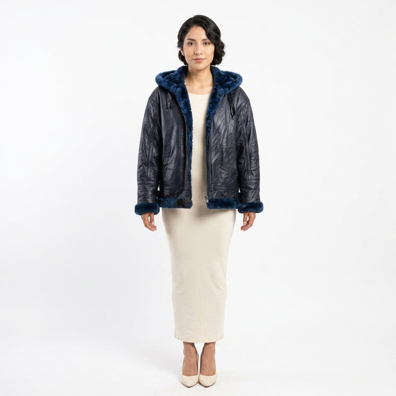 Ladies navy blue leather jacket.