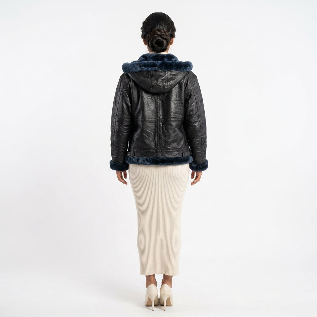 Ladies navy blue leather jacket.