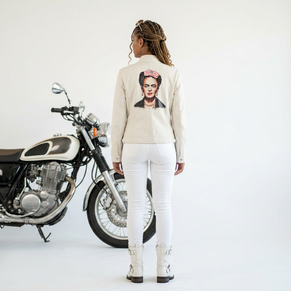 Ladies white leather jacket.
