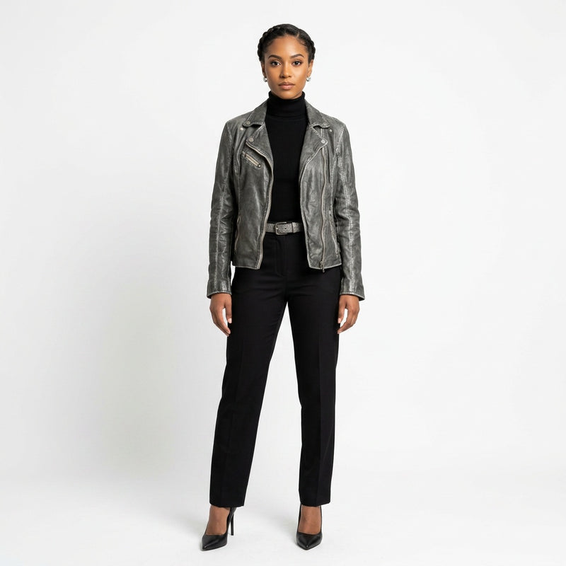 Ladies grey leather jacket.