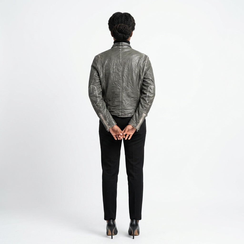 Ladies grey leather jacket.