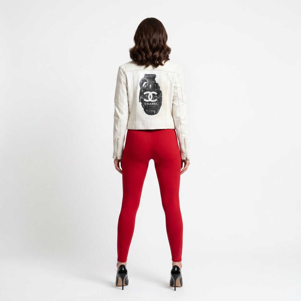 Ladies white leather jacket.