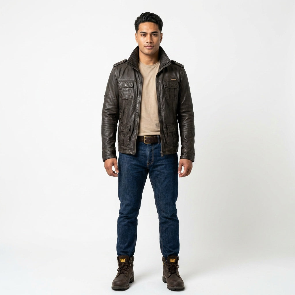 Dark brown leather jacket for man.