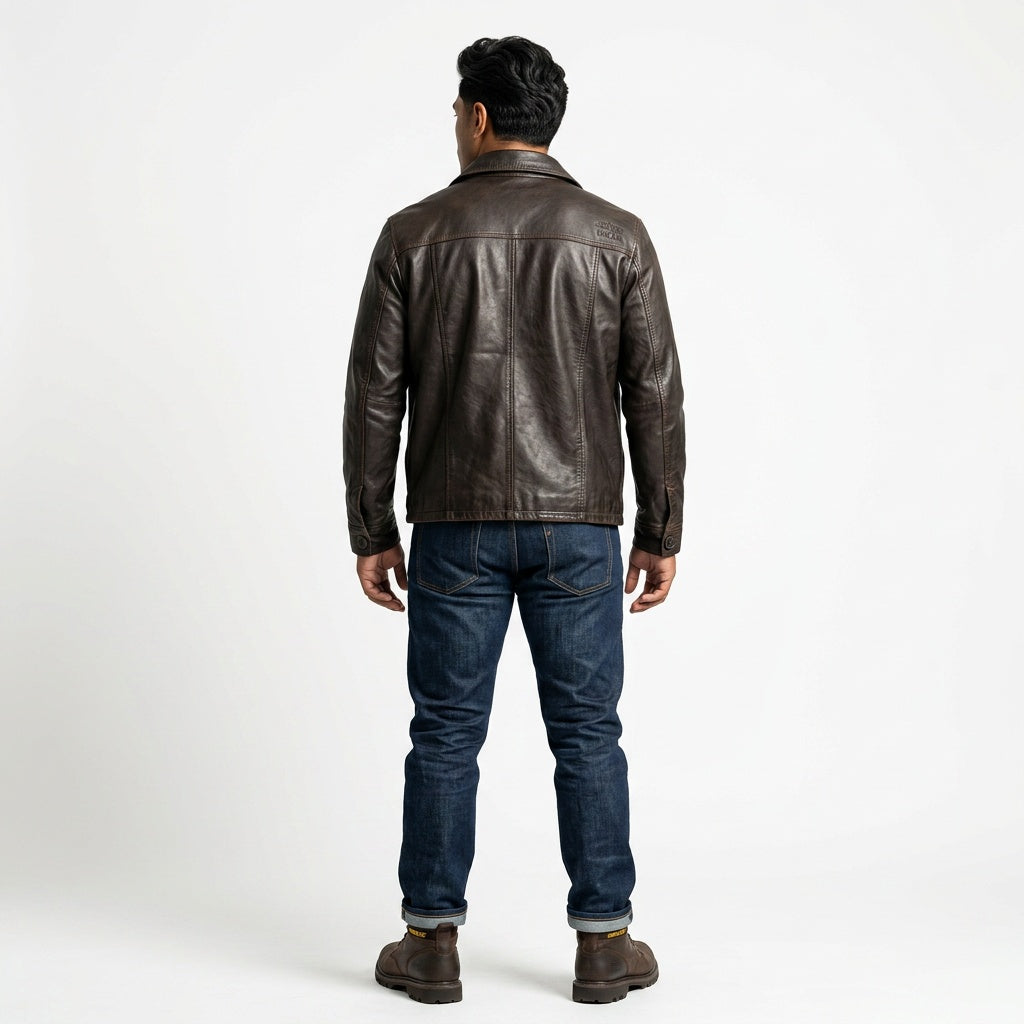 Dark brown leather jacket for man.