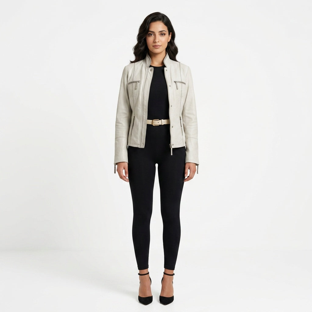 Ladies white leather jacket.