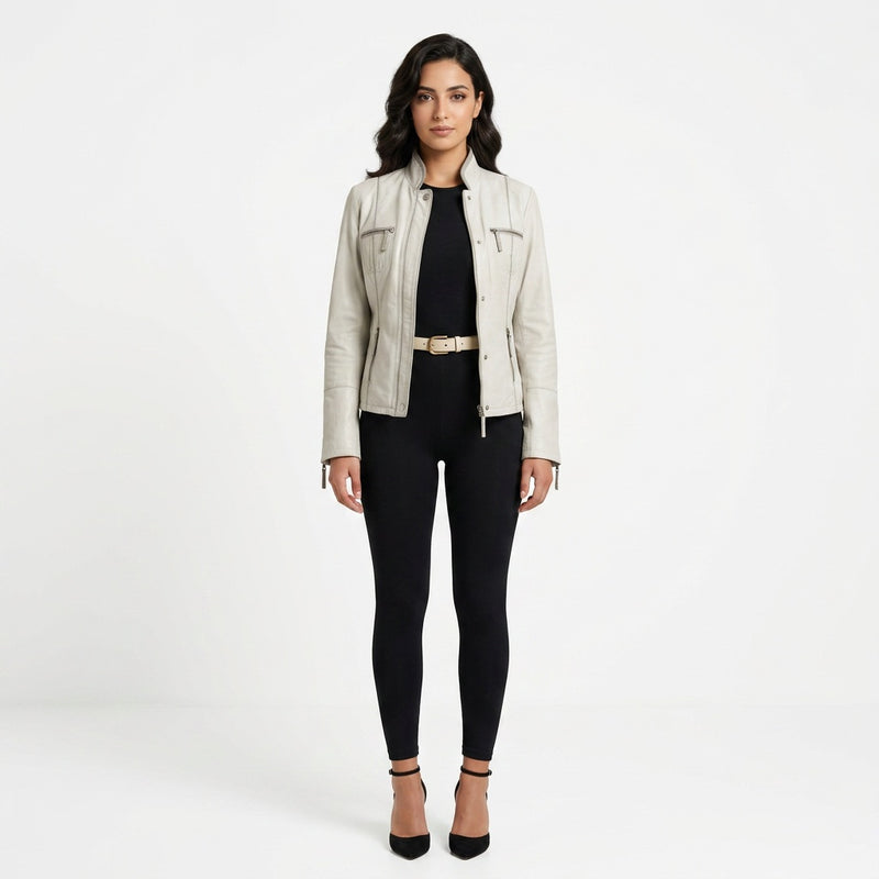 Ladies white leather jacket.