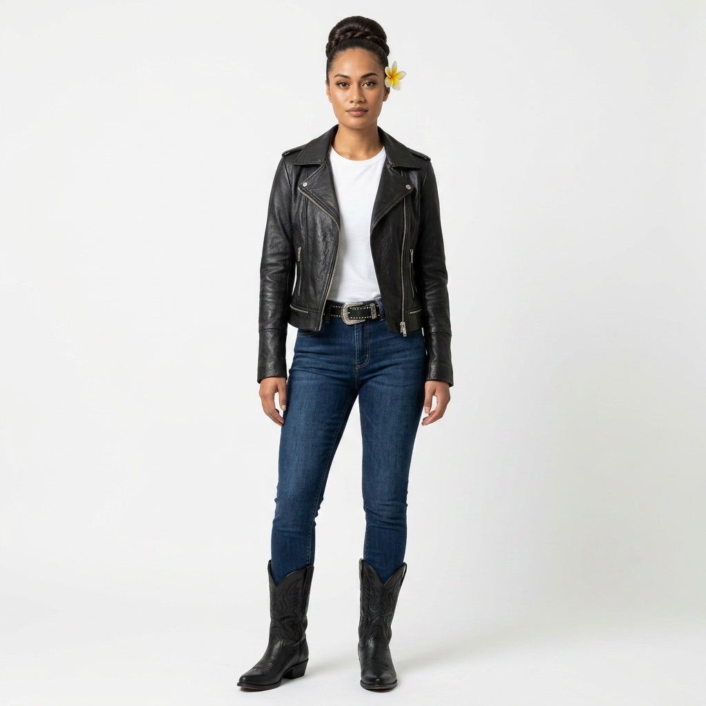 Ladies black leather jacket.