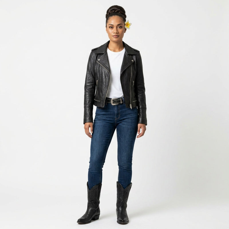 Ladies black leather jacket.