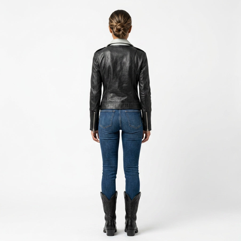 Ladies black leather jacket.