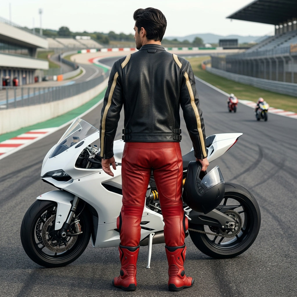 Black and beige unisex leather jacket.