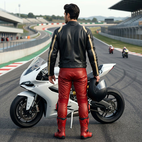 Black and beige unisex leather jacket.