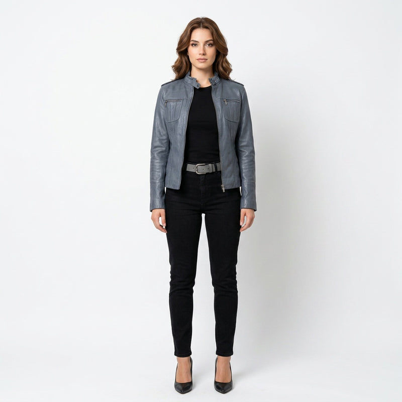 Ladies grey leather jacket.